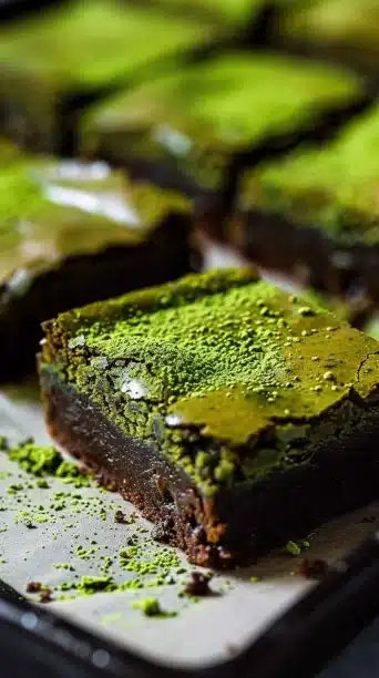 Delicious gluten-free matcha brownies on a plate, garnished with green tea leaves.