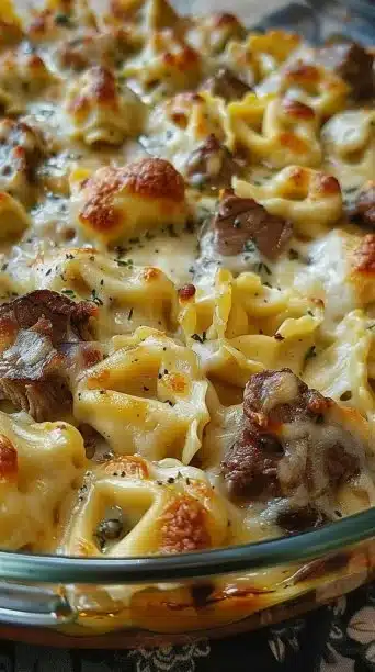 Golden Cheese Steak Tortellini Casserole