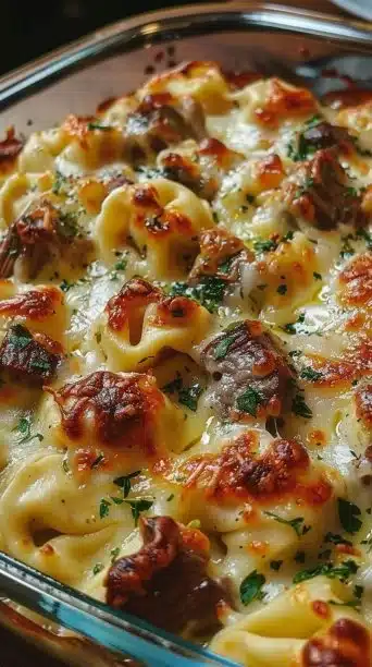Golden Cheese Steak Tortellini Casserole