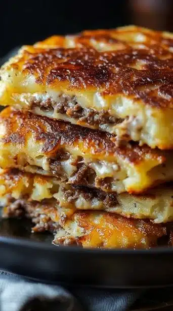 Golden potato pancakes stuffed with savory beef and melty cheese