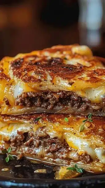 Golden potato pancakes stuffed with beef and cheese, delicious comfort food