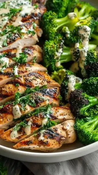Grilled chicken and broccoli bowl with creamy garlic sauce on a plate