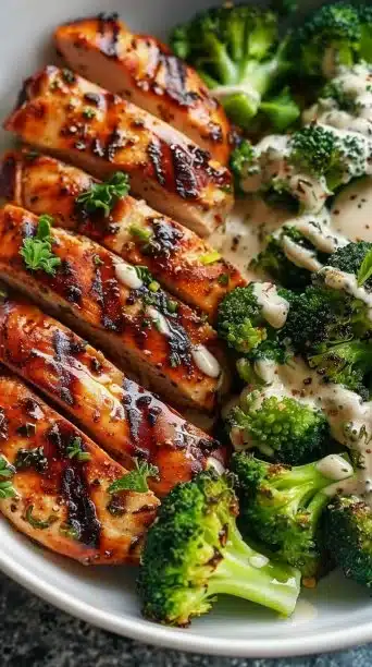Grilled Chicken & Broccoli Bowls with Creamy Garlic Sauce
