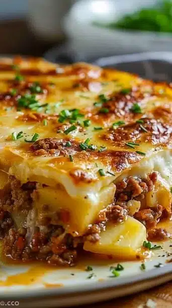 Delicious Hamburger Potato Casserole baked to perfection in a casserole dish.