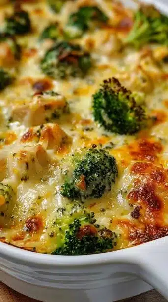 Healthy broccoli chicken casserole baked with tender chicken and fresh broccoli