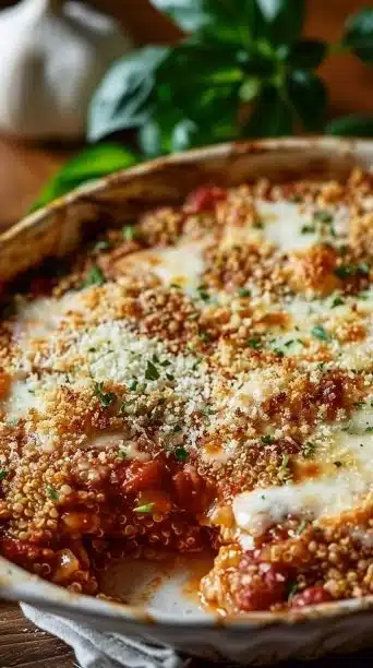 Healthy Chicken Parmesan Quinoa Bake topped with fresh herbs and cheese