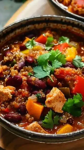 Healthy Chicken Quinoa Chili cooked in a crockpot with fresh ingredients