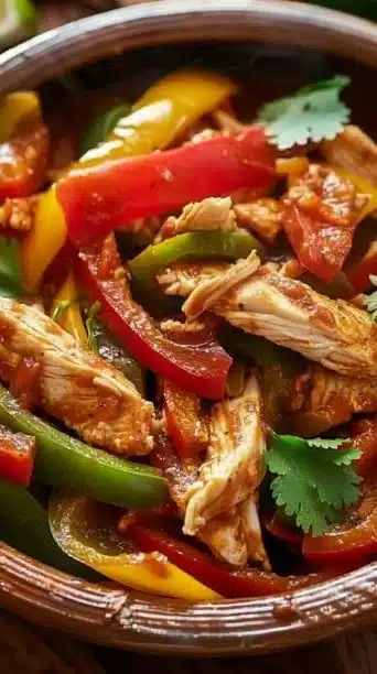 Healthy crockpot chicken fajita bowls with colorful vegetables.