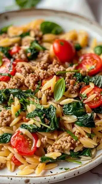 A delicious bowl of healthy Ground Turkey Orzo with vegetables and herbs