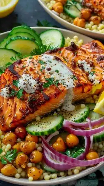 Healthy salmon couscous bowl with chickpeas and Mediterranean ingredients