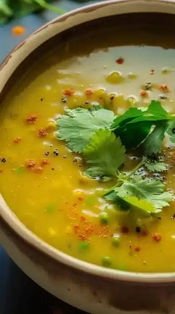 Bowl of healthy vegan split pea soup with fresh herbs and vegetables