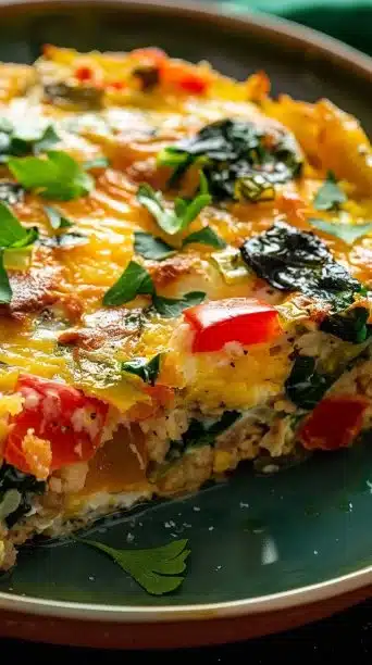 High protein crockpot breakfast casserole with eggs, vegetables, and cheese