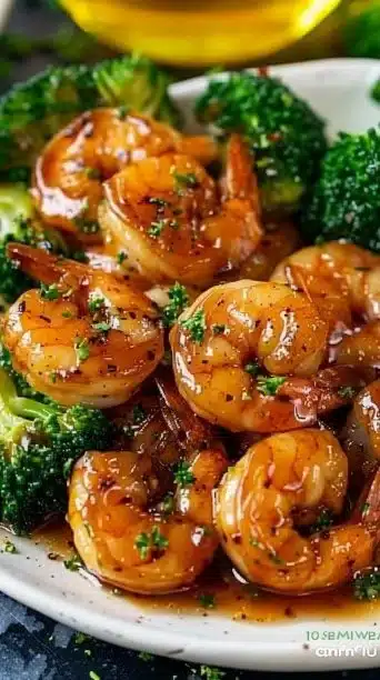 Delicious high protein honey garlic shrimp served with vegetables