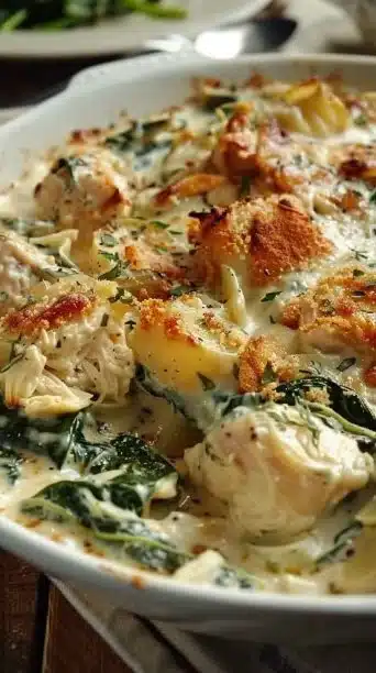 High protein spinach and artichoke chicken casserole baked in a dish