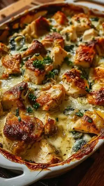 High Protein Spinach and Artichoke Chicken Casserole