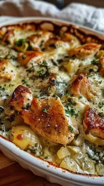 High Protein Spinach and Artichoke Chicken Casserole