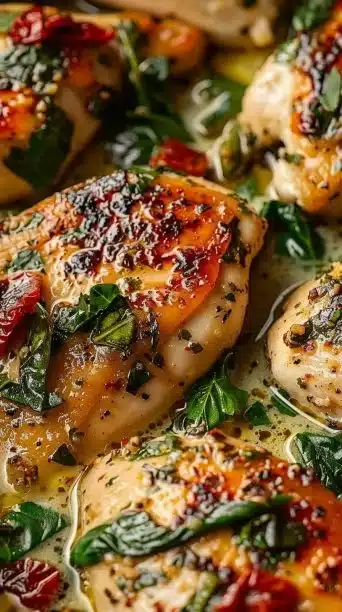 High Protein Tuscan Chicken garnished with herbs on a white plate.