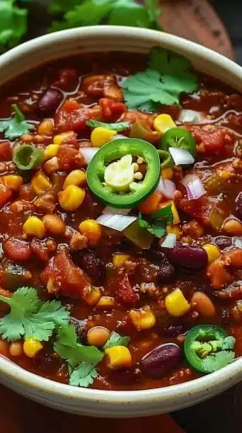 High-protein vegan chili cooked in a slow cooker with beans and vegetables