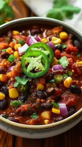 High protein vegan slow cooker chili with beans and vegetables