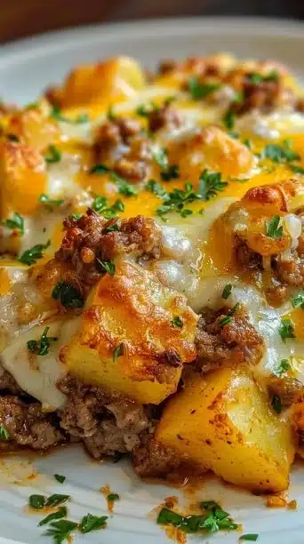 Delicious Hobo Casserole made with ground beef and vegetables