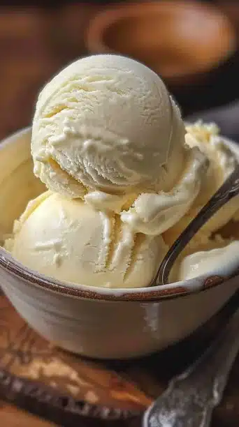 A bowl of creamy homemade vanilla ice cream topped with a cherry and mint leaves.