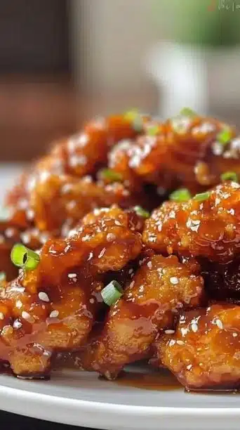 Crispy Honey Chicken served with vegetables on a plate