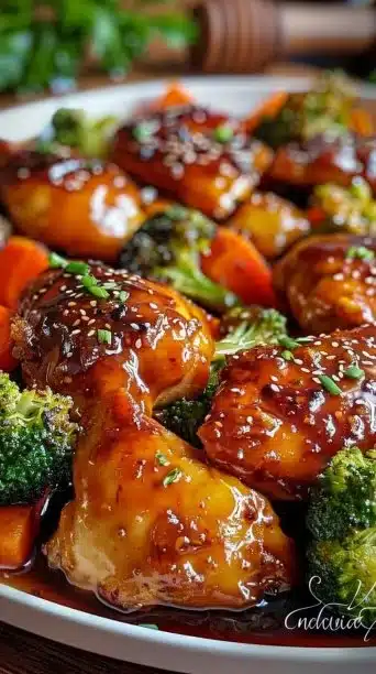 Plate of Honey Garlic Chicken served with roasted vegetables