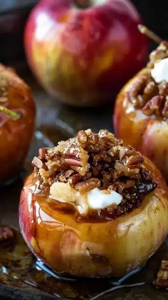 Delicious Honeycrisp apple dessert topped with cinnamon and caramel