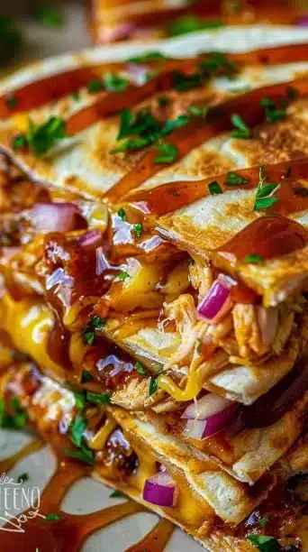 Hot honey BBQ chicken quesadillas served with dipping sauce