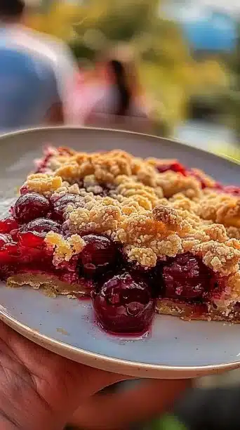 Delicious magic cherry cobbler served in a dish, ready to enjoy.