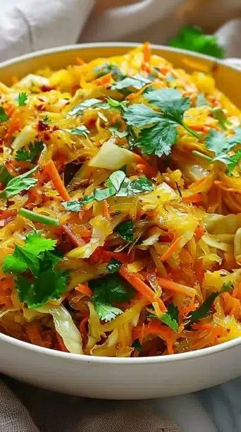 A vibrant plate of Indian cabbage stir-fry with spices and herbs.