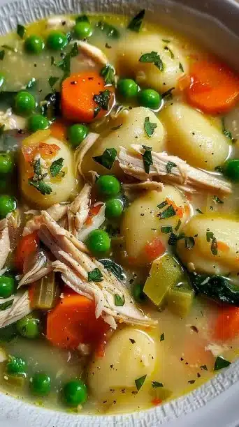 Bowl of Instant Pot Chicken Gnocchi Soup topped with fresh herbs