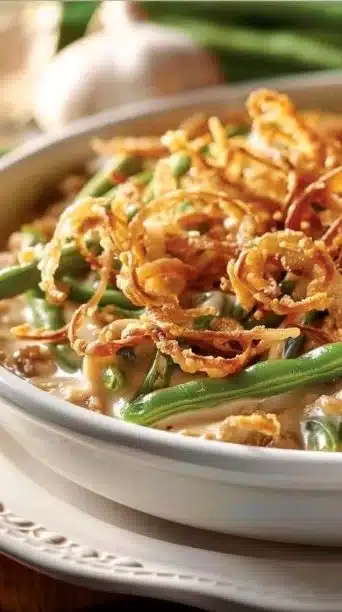 Delicious Campbell's green bean casserole served in a baking dish
