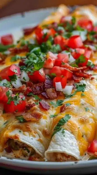 Jalapeรฑo Popper Cheesy Chicken Enchiladas topped with creamy sauce and jalapeรฑos