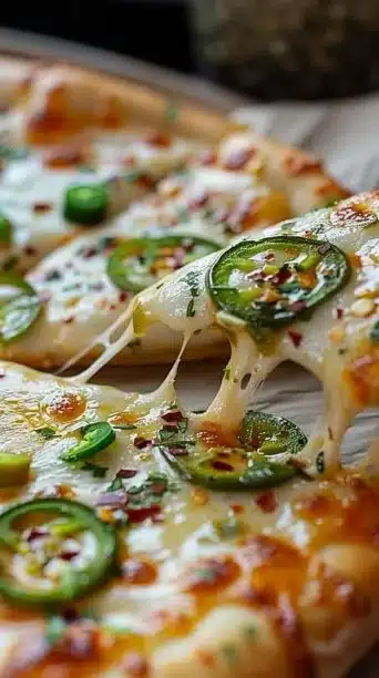 Delicious jalapeño popper pizza featuring spicy peppers and melted cheese
