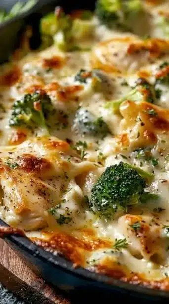 Keto Chicken Alfredo Broccoli Bake served in a dish with fresh ingredients