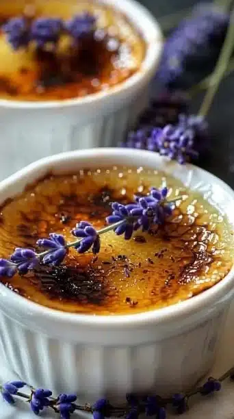 Delicious Lavender Crème Brûlée topped with caramelized sugar