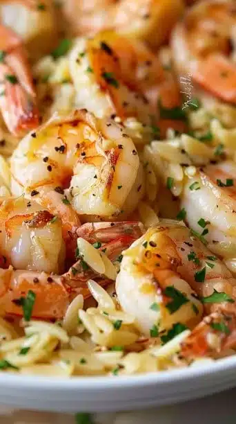 Lemon Butter Garlic Shrimp Orzo in a skillet, creamy and full of flavor