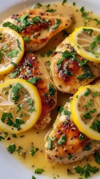 A plate of flavorful Lemon Chicken garnished with fresh herbs