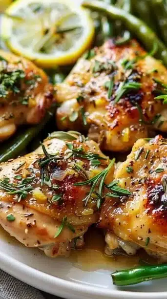 Lemon Garlic Butter Thighs served with green beans in a skillet.