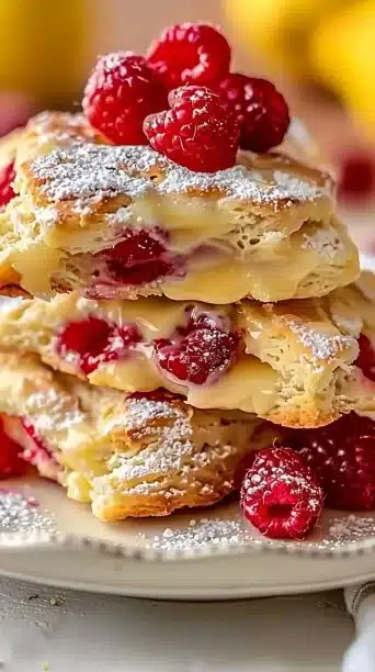 Freshly baked lemon raspberry scones on a wooden table