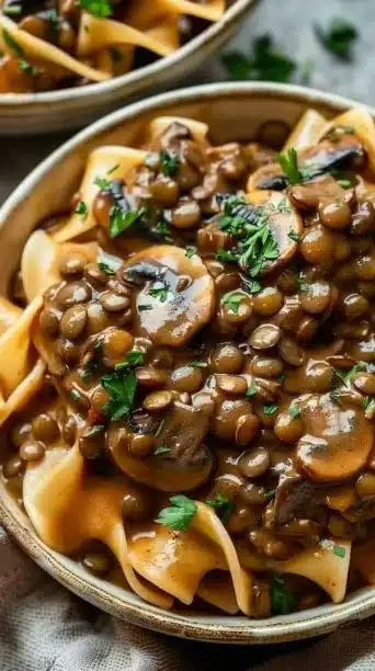 Delicious bowl of Lentil Mushroom Stroganoff with herbs and spices