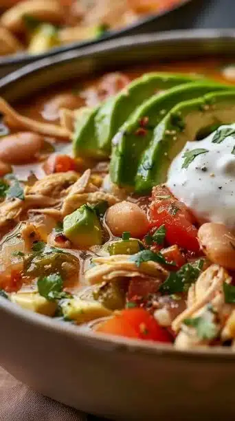 Mediterranean white chicken chili simmering in a cozy pot