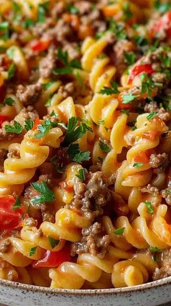 Delicious Loaded Cheeseburger Alfredo Pasta with a creamy sauce and toppings