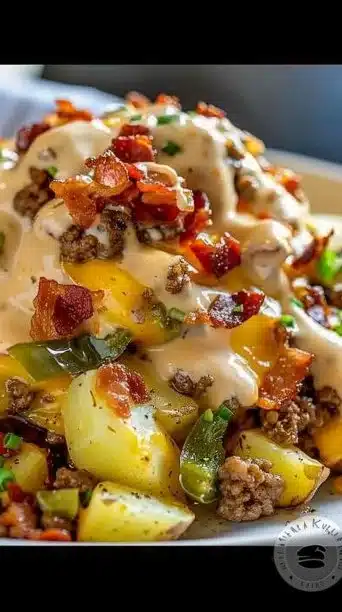 Loaded Cheeseburger Potato Skillet topped with creamy cheese sauce