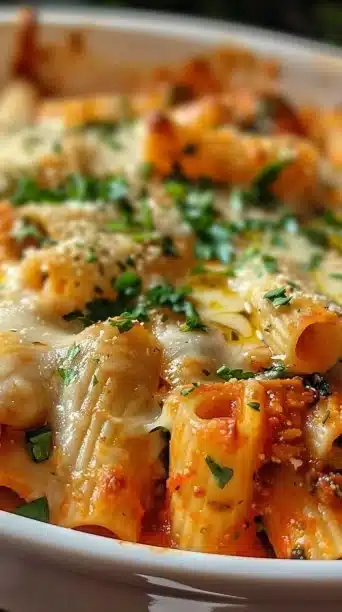 A delicious loaded veggie baked ziti topped with cheese and fresh herbs