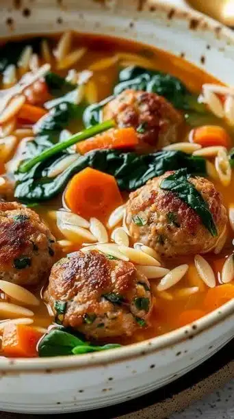 Bowl of low calorie crockpot turkey meatball soup with vegetables and herbs