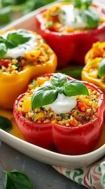 Low carb crockpot stuffed peppers filled with vegetables and spices.