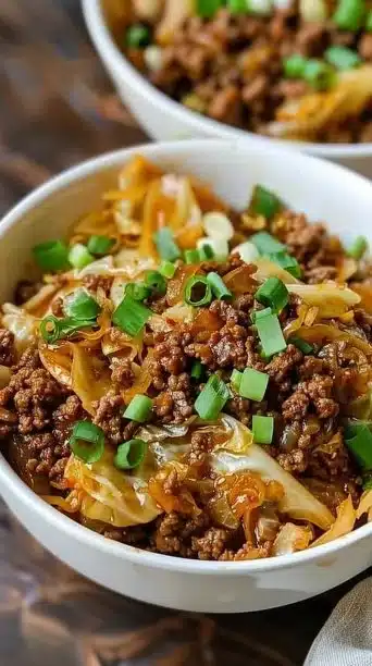 Low carb Mongolian ground beef served with cabbage for a healthy meal