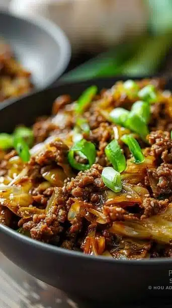 Low carb Mongolian ground beef served in cabbage for a healthy meal